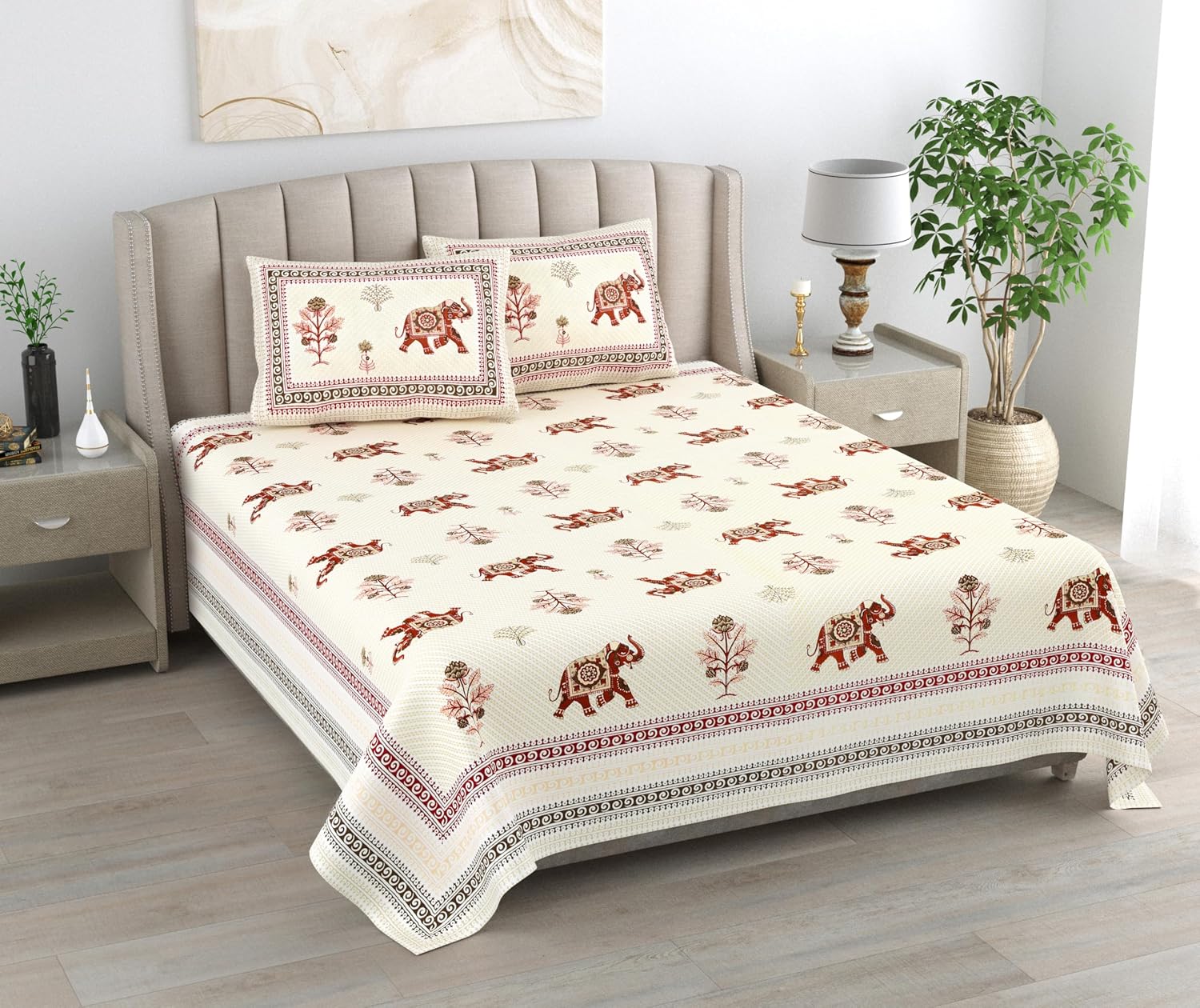 Bedsheet For Queen Bed With 2 Pillow Covers - 90 X 108 Inches, Cream & Maroon | Pure Cotton Traditional Jaipuri Printed | Ideal For Both Everyday Use & Special Events