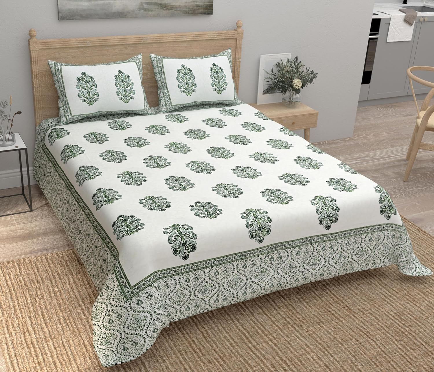 100% Cotton Jaipuri Bedsheet For King Size (90 X 103 Inches, Cream & Green) With 2 Pillow Covers | Perfect For Everyday Use, Guest Rooms, Or Gifting On Special Occasions