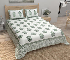 100% Cotton Jaipuri Bedsheet For King Size (90 X 103 Inches, Cream & Green) With 2 Pillow Covers | Perfect For Everyday Use, Guest Rooms, Or Gifting On Special Occasions