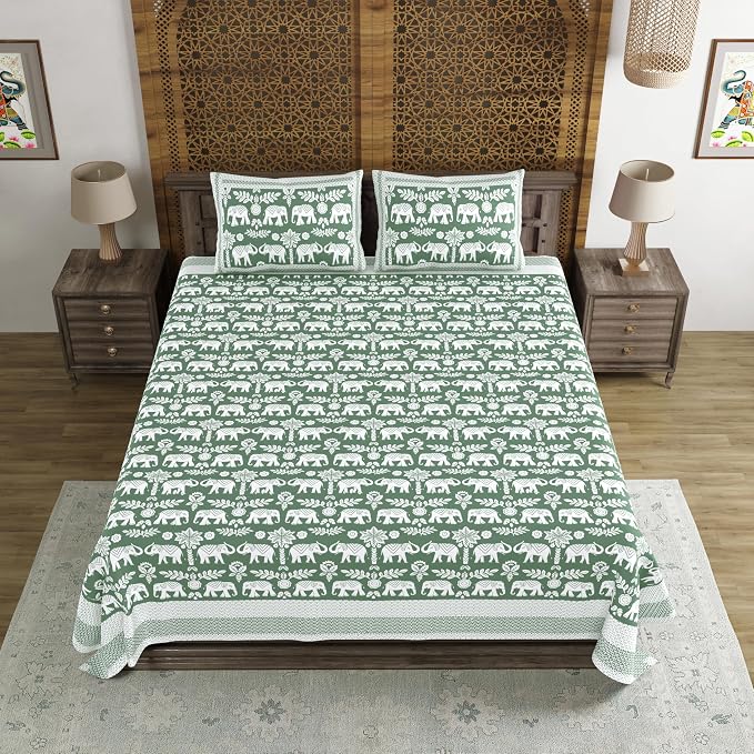 Hand Block Printed Cotton King Size Bedsheet With 2 Pillow Covers, 90 X 108 Inches, Green | 200 Thread Count-Good For Villas, Resorts, Guest Houses, & Daily Home Use