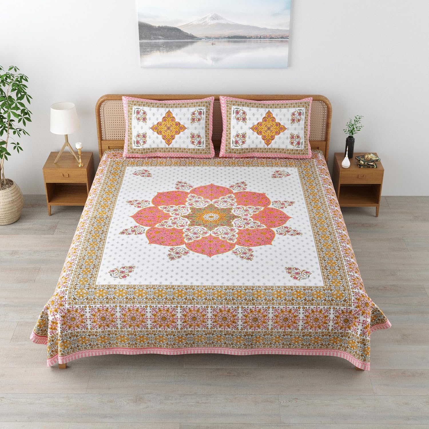 Traditional Rajasthani Cotton Bedsheet For King Size With 2 Matching Pillow Cover | 90 X 108 Inches, Rose Pink & White | Soft & Comfortable Fabric