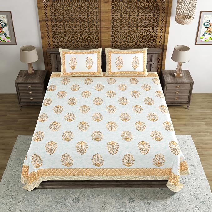 Traditional Hand Block Printed Cotton King Size Bedsheet With 2 Pillow Covers, 90 X 108 Inches, White | 200 Thread Count-Vibrant Bedding For Stylish Bedrooms