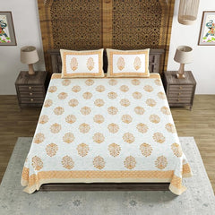 Traditional Hand Block Printed Cotton King Size Bedsheet With 2 Pillow Covers, 90 X 108 Inches, White | 200 Thread Count-Vibrant Bedding For Stylish Bedrooms