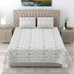 Bedsheet For Queen Bed With 2 Pillow Covers - 90 X 108 Inches, Grey & White | Pure Cotton Traditional Jaipuri Printed | Ideal For Both Everyday Use & Special Events