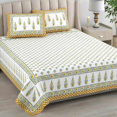 Jaipuri Cotton Double Bedsheet For Queen Size With 2 Pillow Cover (90 X 108 Inches) White & Yellow | Premium Cotton Material - Ideal For House, Hotel, Guest House