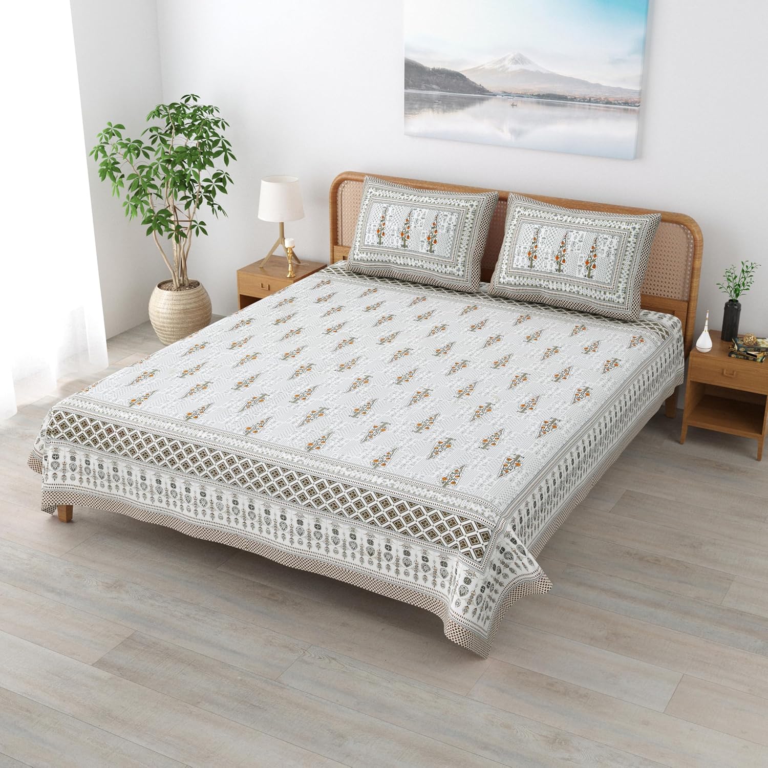 Sanskriti Bedsheet For Double Bed King Size With 2 Pillow Cover - 90 X 108 Inches, Grey & Yellow | Soft, Durable & Stylish | Breathable & Skin-Friendly