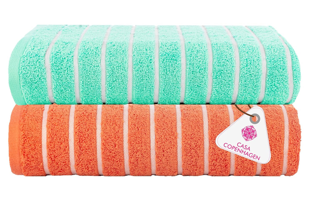 Casa Copenhagen Designed In Denmark Estatic Super Soft 2 Pieces 100% Cotton Large Bath Towel 525 Gsm - Aqua Blue & Orange