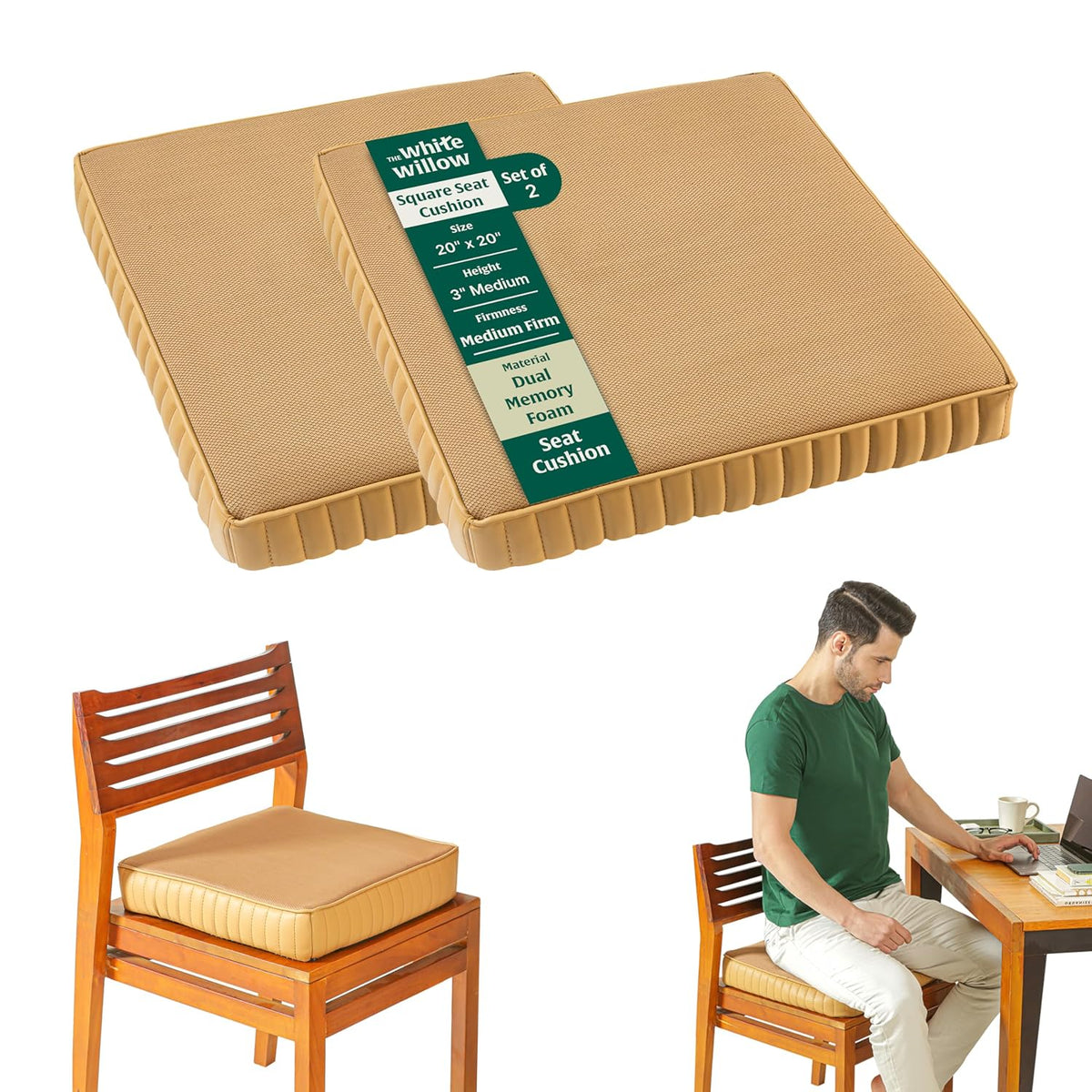 Chair Cushion Pad, High-Resilience & Memory Foam Pillow, Brown, XL King Size - 20 L X 20 W X 3 H inch | Seat Cushion For Chair, Hip Support & Back Pain Relief | Sitting Pillow - Set Of 2
