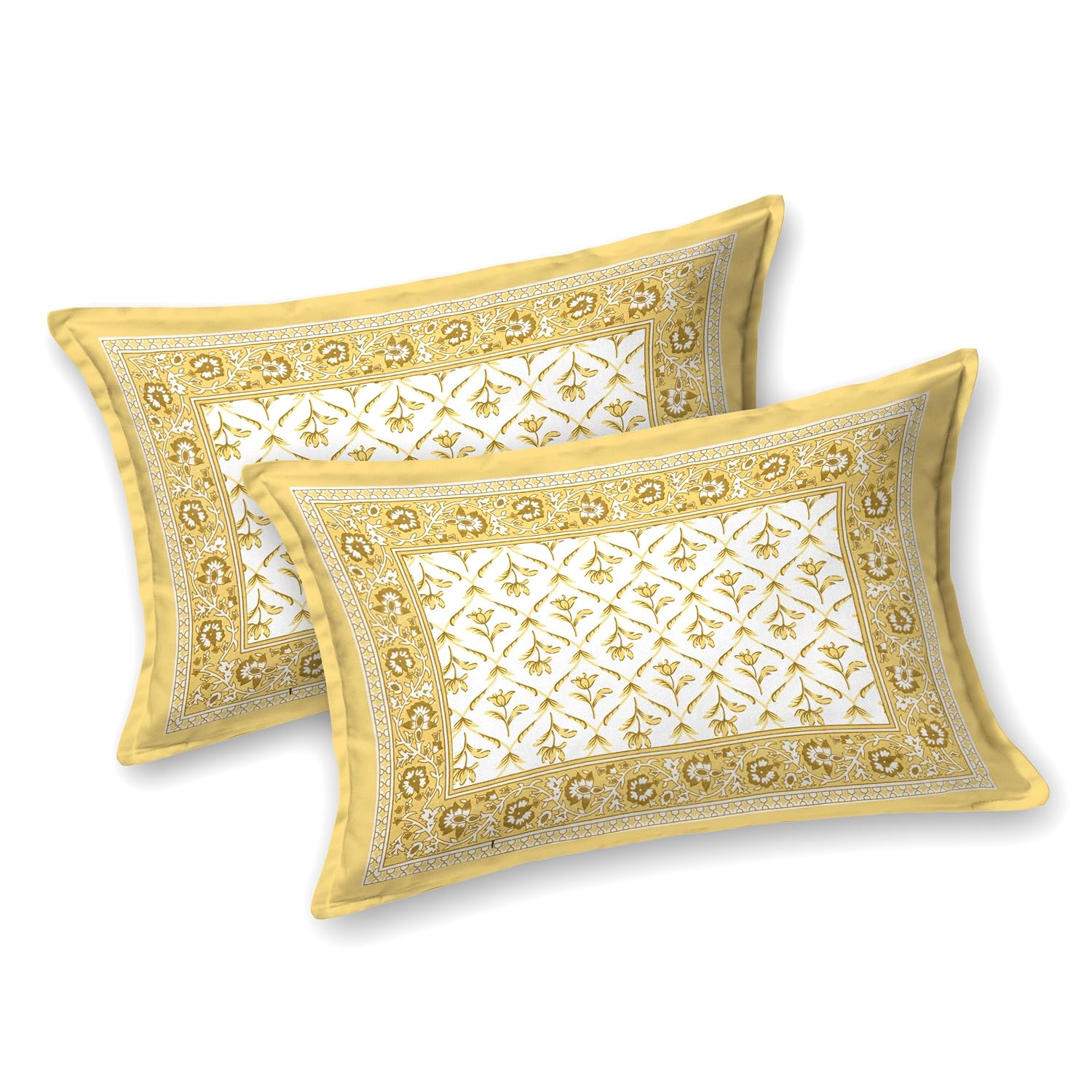 Bedsheet For Queen Bed With 2 Pillow Covers - 90 X 108 Inches, White & Yellow | Pure Cotton Traditional Jaipuri Printed | Ideal For Both Everyday Use & Special Events
