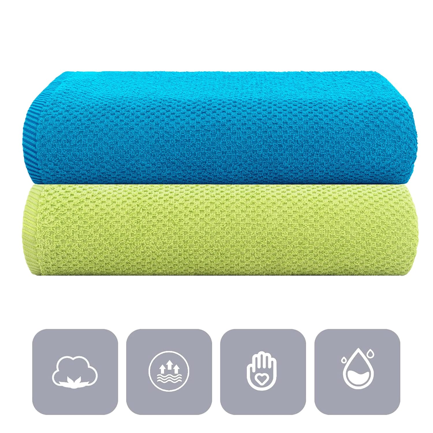 Casa Copenhagen Designed In Denmark Popcorn Super Soft 2 Pieces 100% Cotton Large Bath Towel 525 Gsm - Teal Blue & Lime Green