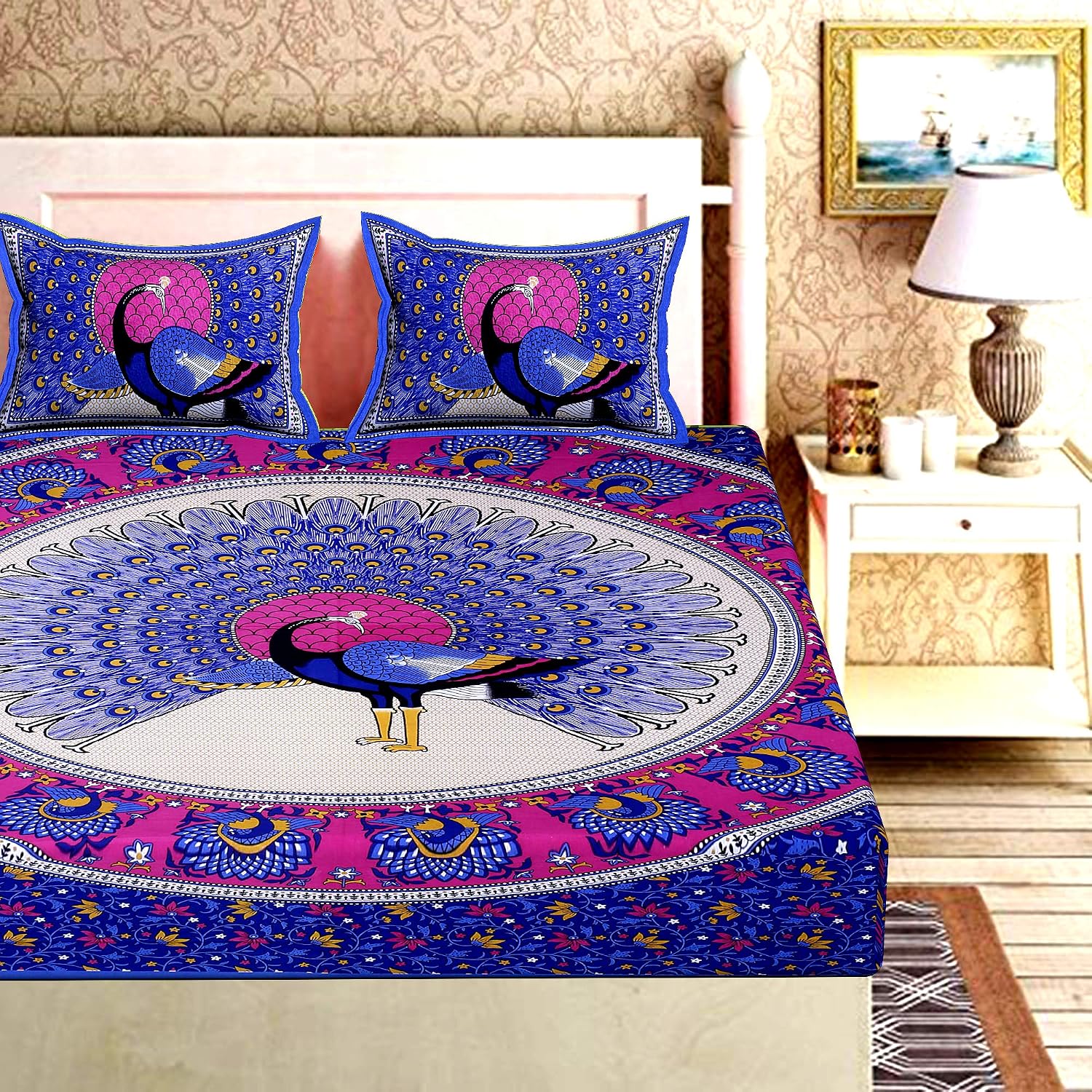 Rajasthani Jaipuri Bedsheets For Double Bed King Size With 2 Pillow Cover - 90 X 100 Inches, Blue & Pink | Skin Friendly Fabric With Vibrant Colors