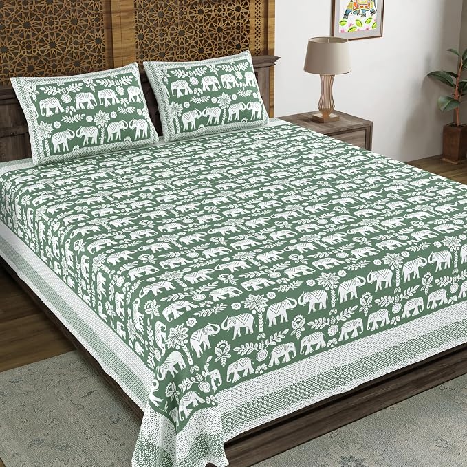 Hand Block Printed Cotton King Size Bedsheet With 2 Pillow Covers, 90 X 108 Inches, Green | 200 Thread Count-Good For Villas, Resorts, Guest Houses, & Daily Home Use