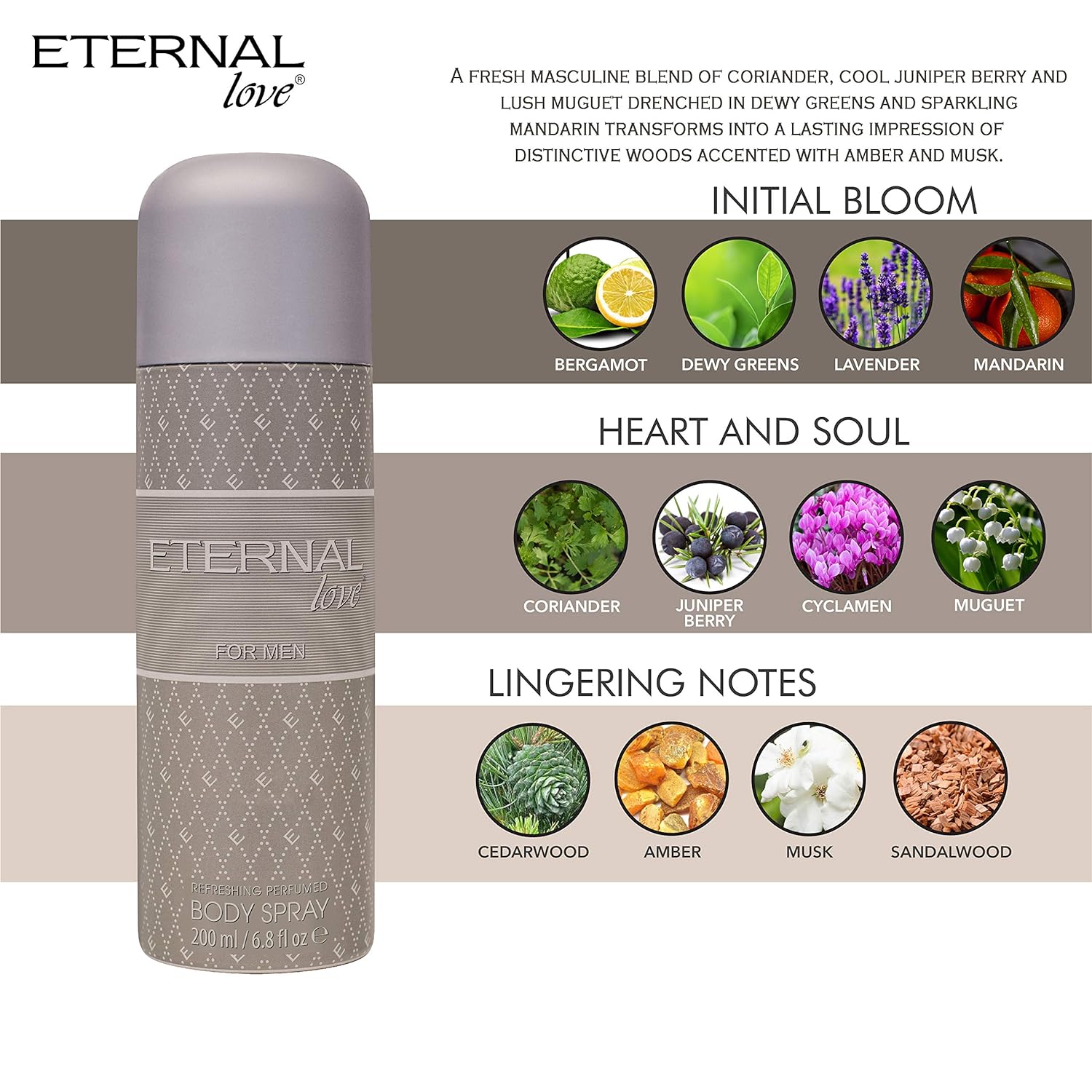 Eternal Love For Men Perfumed Body Spray 200ml 6.7 Fl.oz. Long Lasting | Alcohol Free