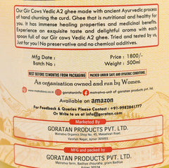 Organic Natural Desi Gir Cow A2 Ghee By Matratva | Naturally & Healthy Pure Cow Ghee Perfect For Bones Health | (500ml) 16.9 Ounce | Jar Pack