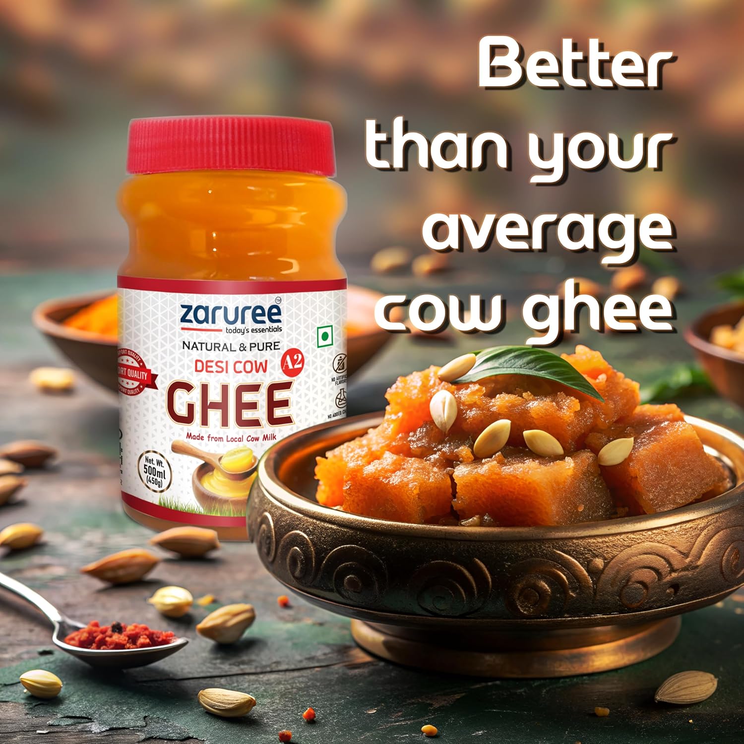 Pure A2 Desi Cow Ghee By Zaruree | Rich In Vitamins A, D & K Healthy Nutrients Malnad Gidda Breed Cow Desi Ghee For Bones Health | 1.5 Litre (500ml * 3) 50.7 Ounce | Jar Pack