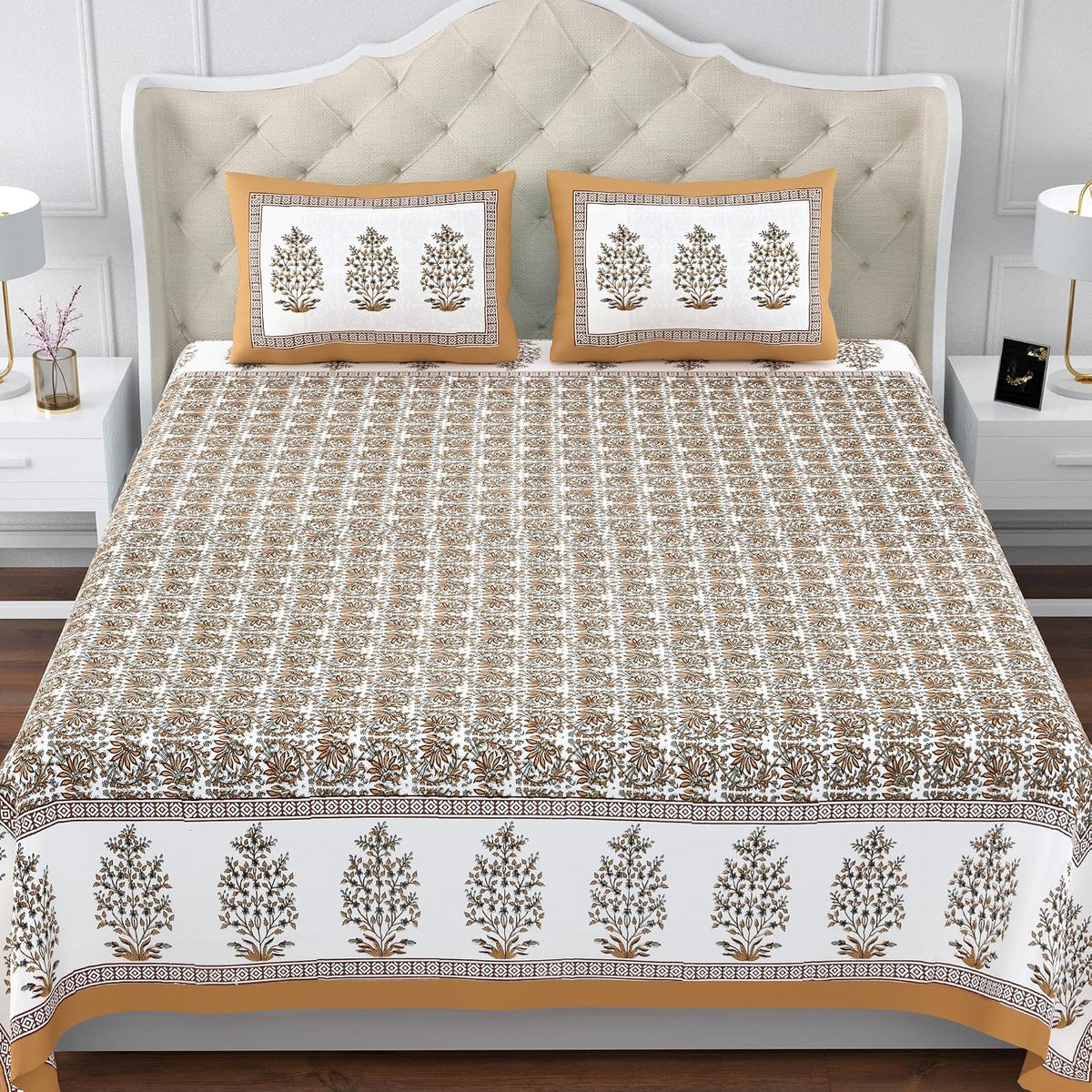 100% Cotton King Size Bedsheet For Double Bed With 2 Pillow Cover - 108 X 108 Inches, Mustard & White | Extra Soft & Wrinkle Free | Perfect Gifting Wedding, Housewarming Or Festival