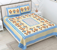 Suitable For King Size Bedsheet With 2 Pillow Cover - 90 X 108 Inches, Cream & Blue | Soft, Breathable & Skin-Friendly Feel For Year-Round Comfort