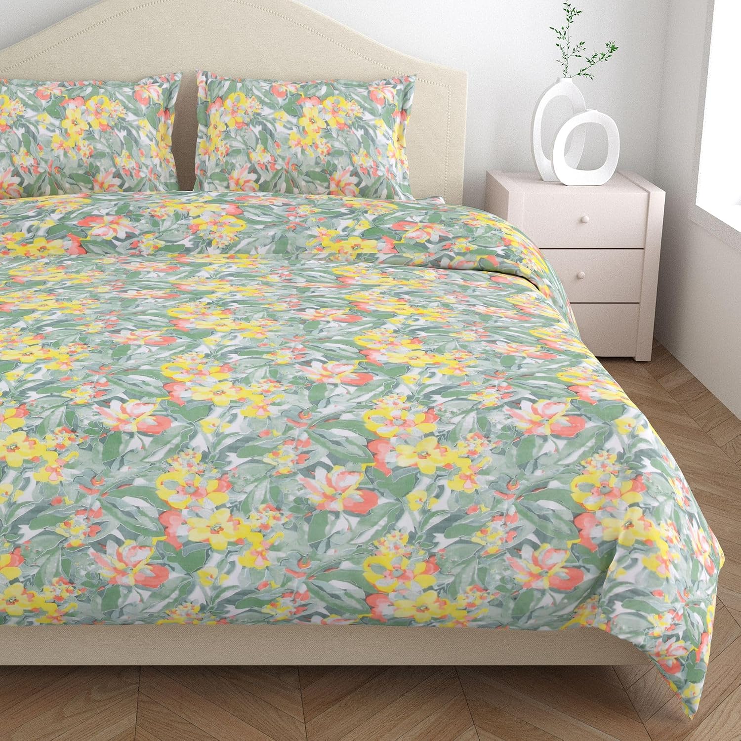 Flat Bedsheet Queen Size Bed With 2 Pillow Covers - 100 X 90 Inches, Green & Yellow | Soft, Breathable & Durable | Skin-Friendly & Durable