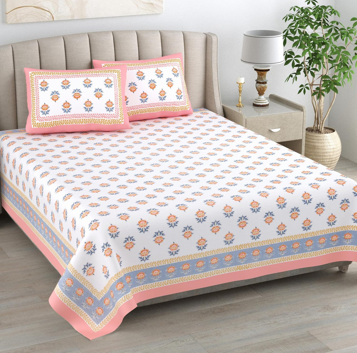 Hand Printed Cotton Bedsheet For King Size With 2 Pillow Covers | 90 X 108 Inches, Pink & White | Ultra-Soft & Skin-Safe | Breathable Summer Comfort