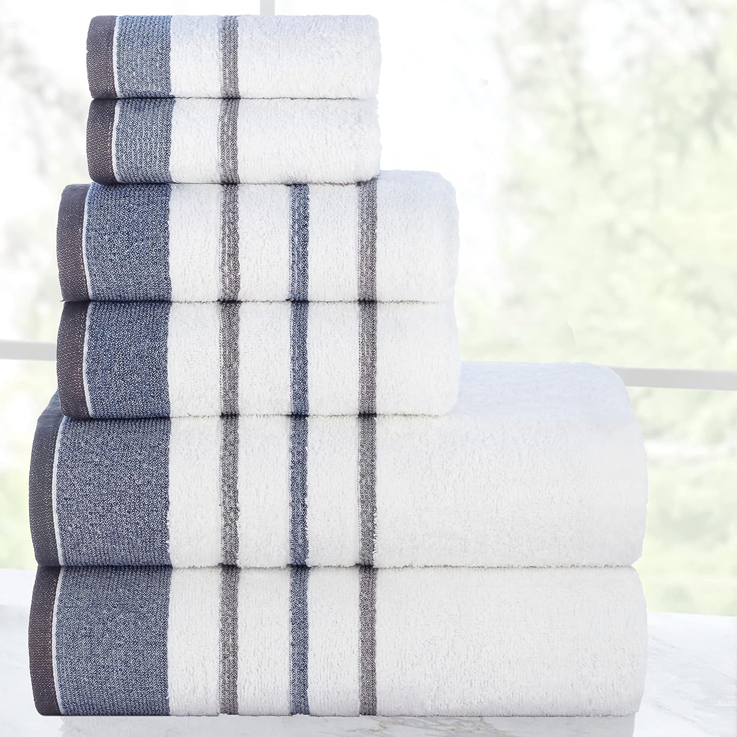 Casa Copenhagen Egyptian Design 2 Bath + 2 Hand & 2 Face Towels 1800 Gsm | He & She Super Soft Collection 100% Cotton 6 Piece Towel Set - Dark Grey & Blue