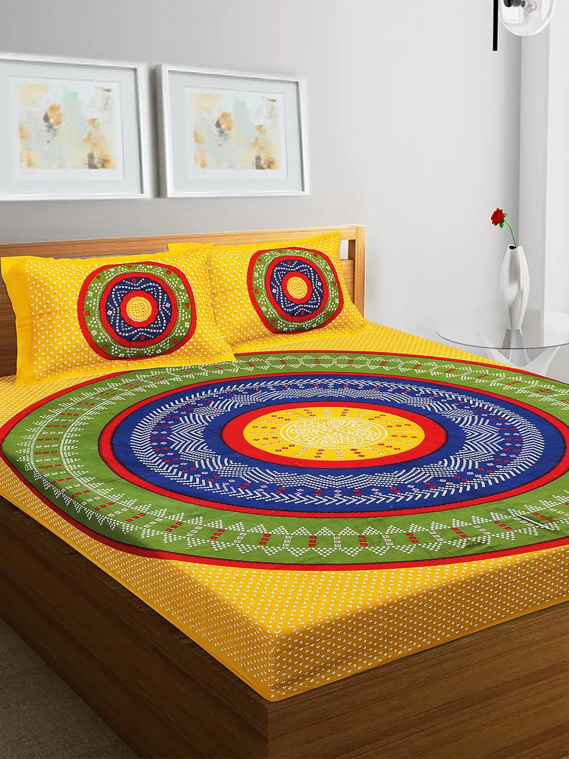 Pure 100% Cotton Double Bed Sheet With 2 Pillow Covers - 90 X 100 Inches, Yellow | Beautifully Handcrafted Traditional Bedsheets - Skin Friendly Fabric