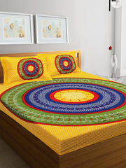 Pure 100% Cotton Double Bed Sheet With 2 Pillow Covers - 90 X 100 Inches, Yellow | Beautifully Handcrafted Traditional Bedsheets - Skin Friendly Fabric