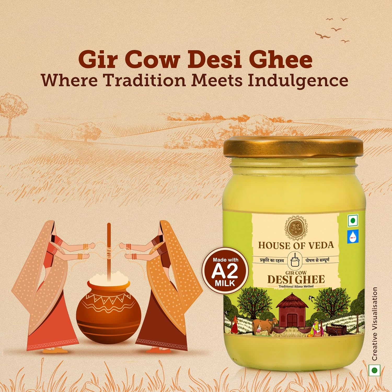 Premium Gir Cow Desi Ghee Made With A2 Milk Using Ayurvedic Bilona Prakriya By House Of Veda | Healthy Desi Ghee For Easy To Digest Strengthens Body | (500ml) 16.9 Ounce | Jar Pack