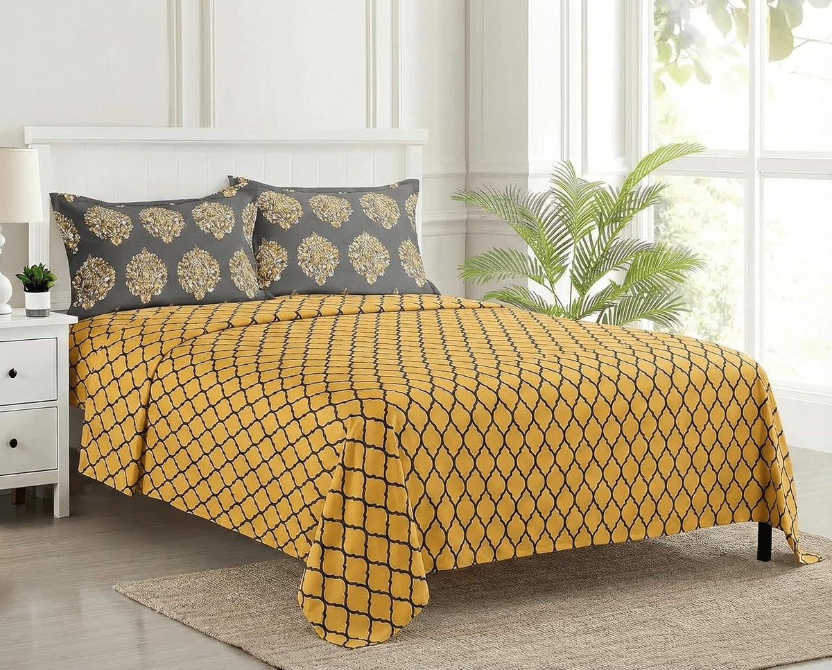 Premium 100% Cotton Queen Size Bedsheet With 2 Pillow Covers - 86 X 104 Inches, Grey & Mustard | 180 Thread Count Ultra Soft | Ideal For House, Guest Home, Hotel