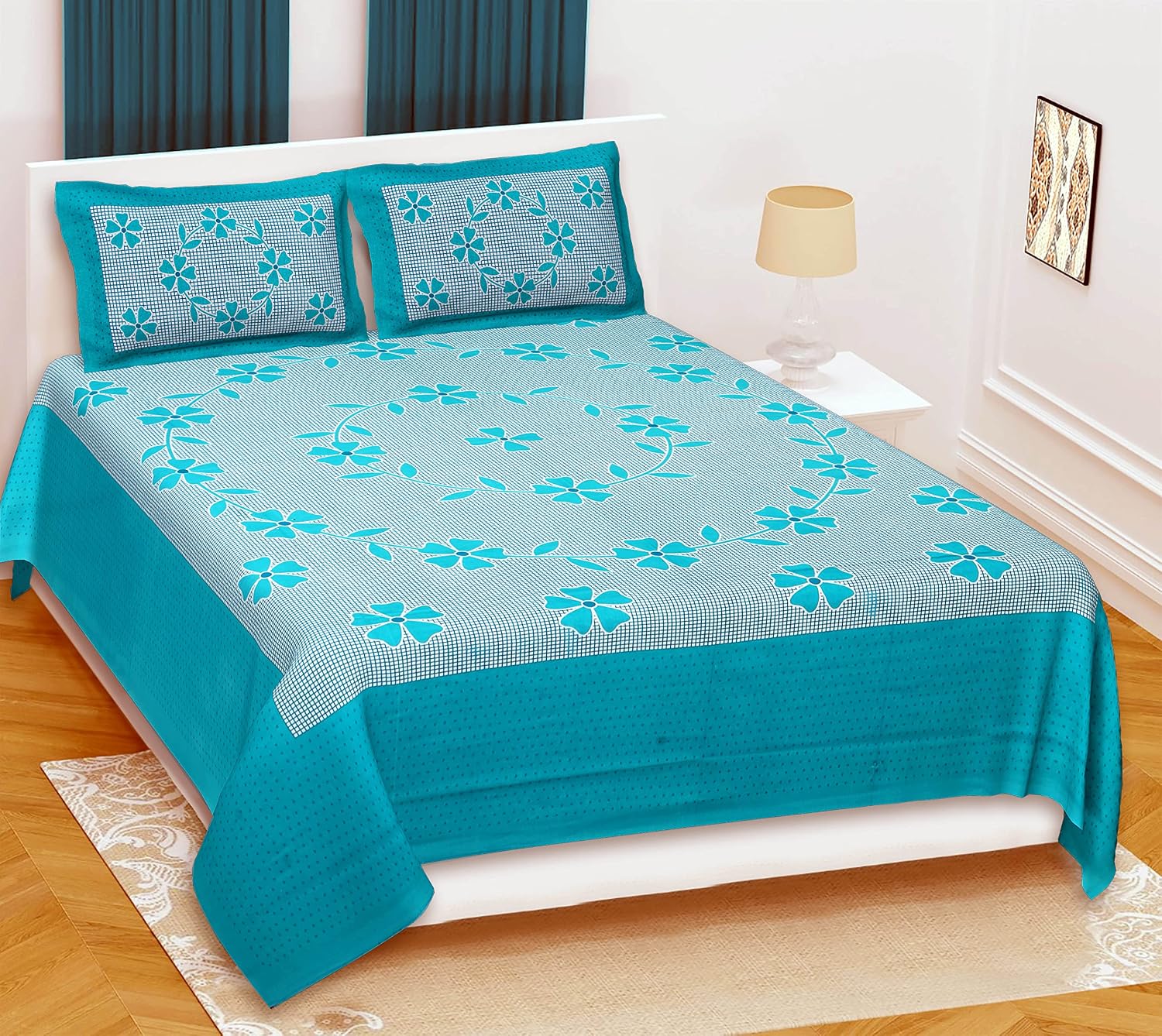 Cotton Double Bedsheet For King Size With 2 Pillow Covers - 90 X 100 Inches, Rama Green | Super Soft Breathable & Wrinkle Free