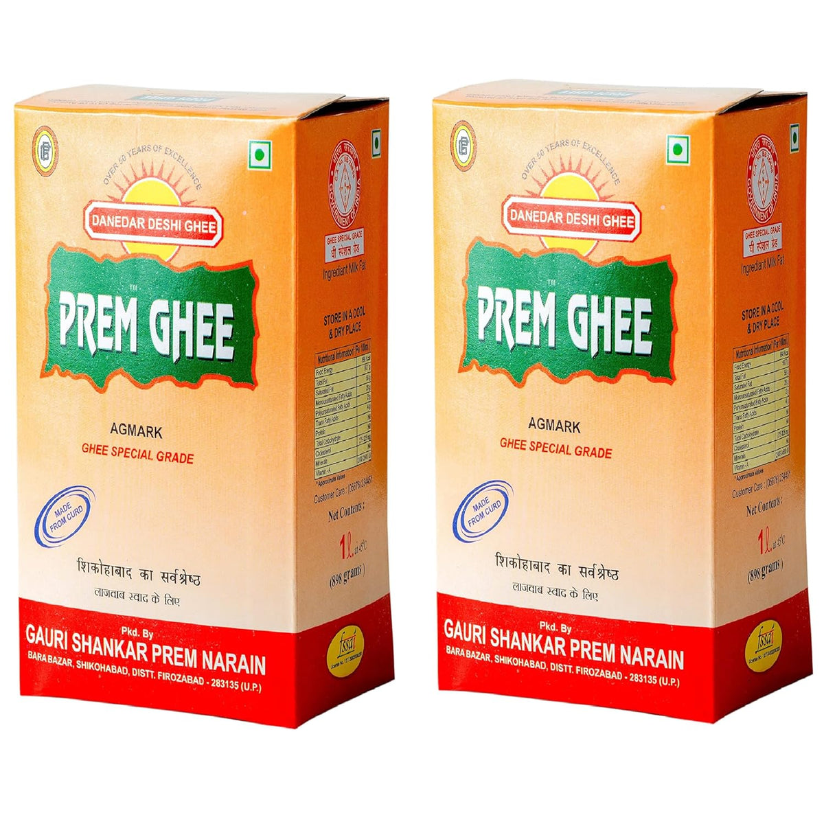 Organic Natural Agmark Desi Ghee By Prem Ghee | Healthy & Traditionally Prepared Curd-Churned Ghee Good For Digestive Health | 2 Litre (1 Litr * 2) 67.6 Ounce | Box Pack