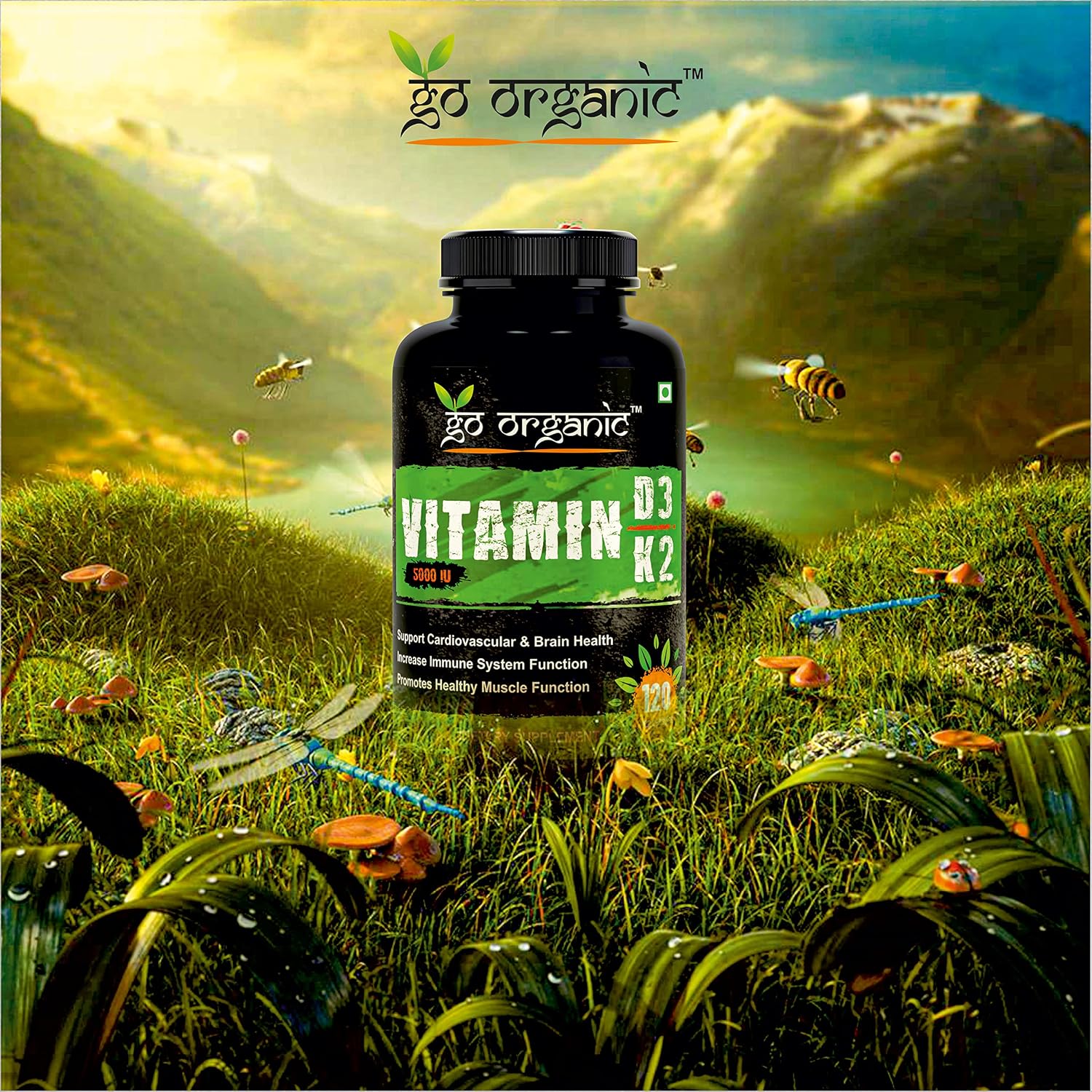 Go Organic Plant Based Organic | Vitamin D3 + K2 Capsules, Vitamin K2-7 To Support Bone & Heart Health In Men & Women | 120 Veg Capsules , 200gm 0.4lbs