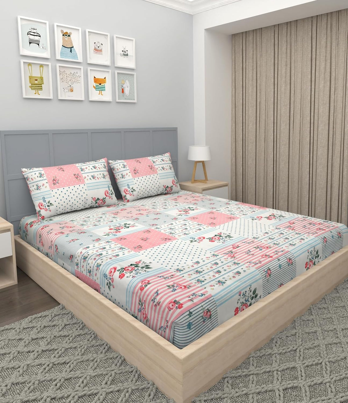 Printed Double Bedsheet With 2 Matching Pillow Covers - 72 X 78 X 10 Inches, Multicolor | All Around Elastic Fitted King Size Bedsheets | Ideal For Home, Hotel, Bedroom