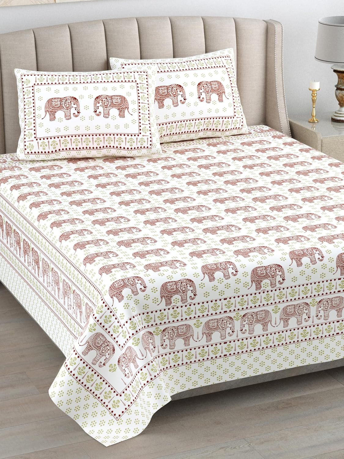 Jaipuri Cotton Double Bedsheet For Queen Size With 2 Pillow Cover (95 X 108 Inches) White & Red | Premium Cotton Material - Ideal For House, Hotel, Guest House