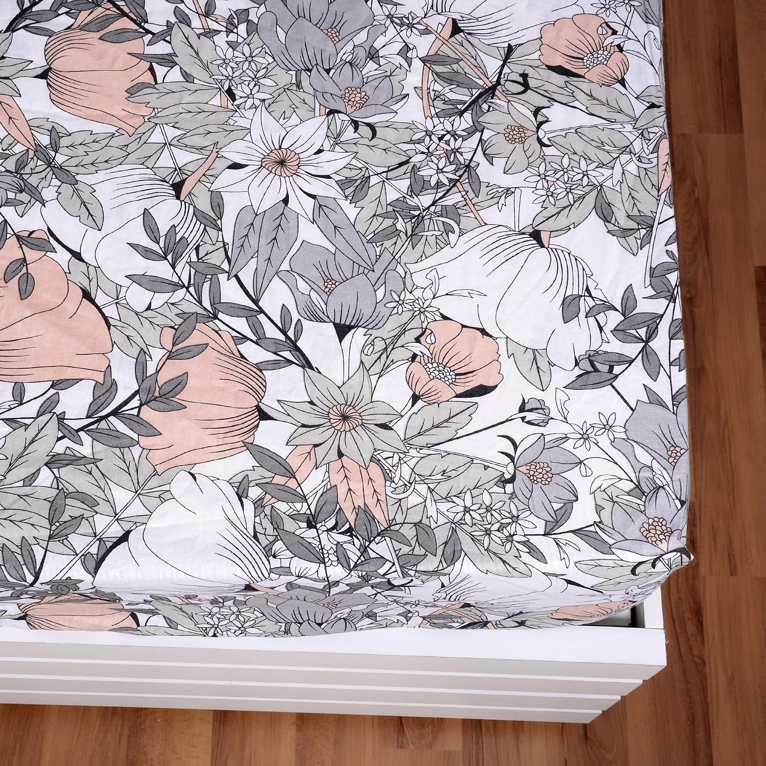 Printed King Size Double Bedsheet With 2 Pillow Cover For Bedroom | 72 X 78 Inches, Grey & Peach - All Around Elastic Fitted | Ideal For Everyday Use