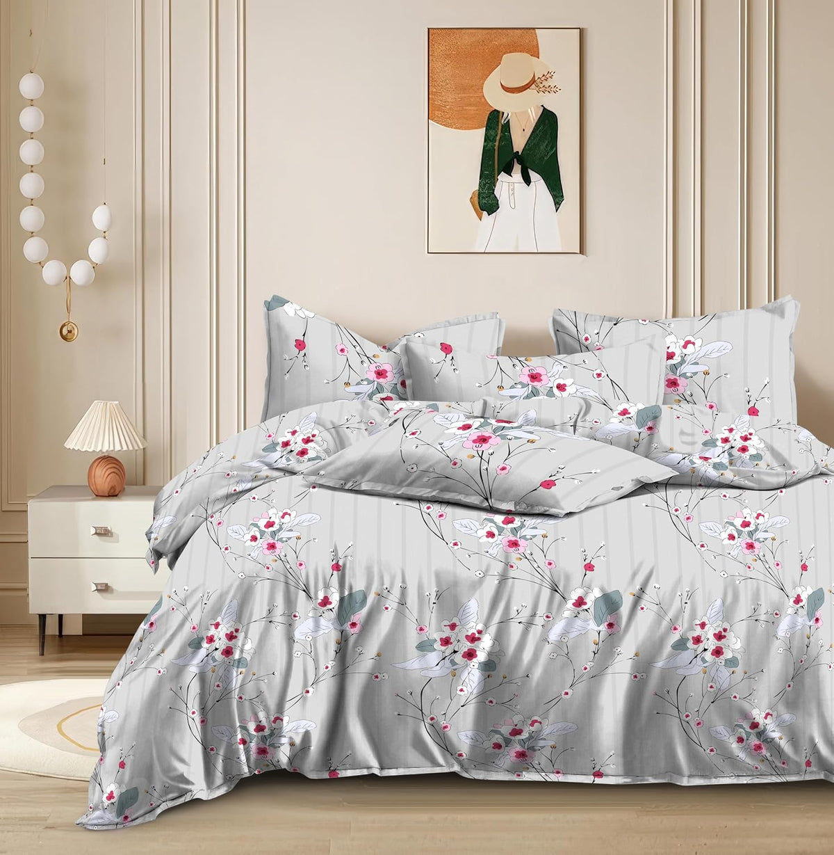 Printed King Size Double Bed Bedsheet With 2 Pillow Cover | 72 X 78 Inches, Grey | All Around Elastic Fitted Bedsheet | Softness & Comfortable Rest In Any Season