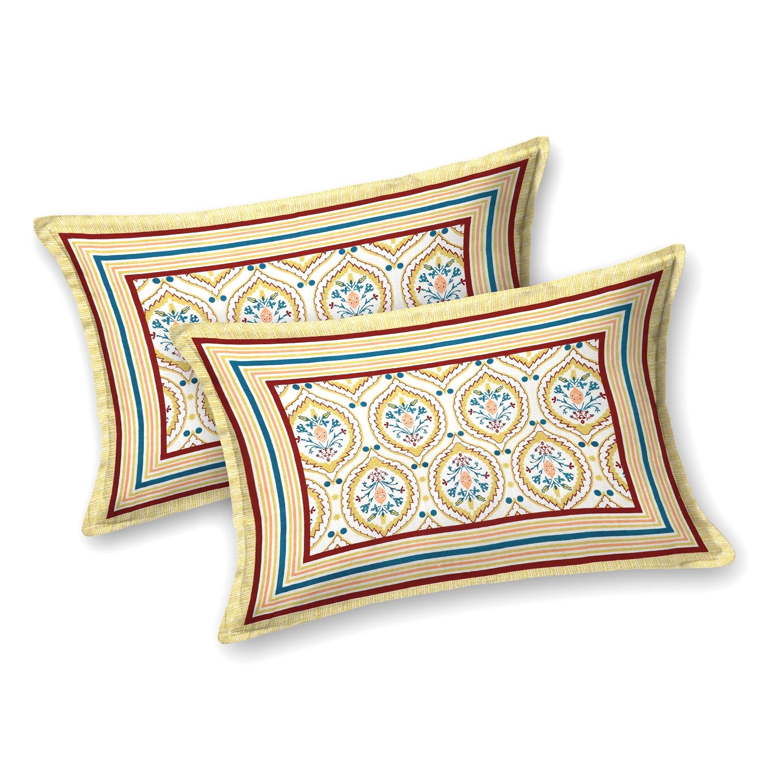 Bedsheet For Queen Bed With 2 Pillow Covers - 90 X 108 Inches, Yellow | Pure Cotton Traditional Jaipuri Printed | Ideal For Both Everyday Use & Special Events