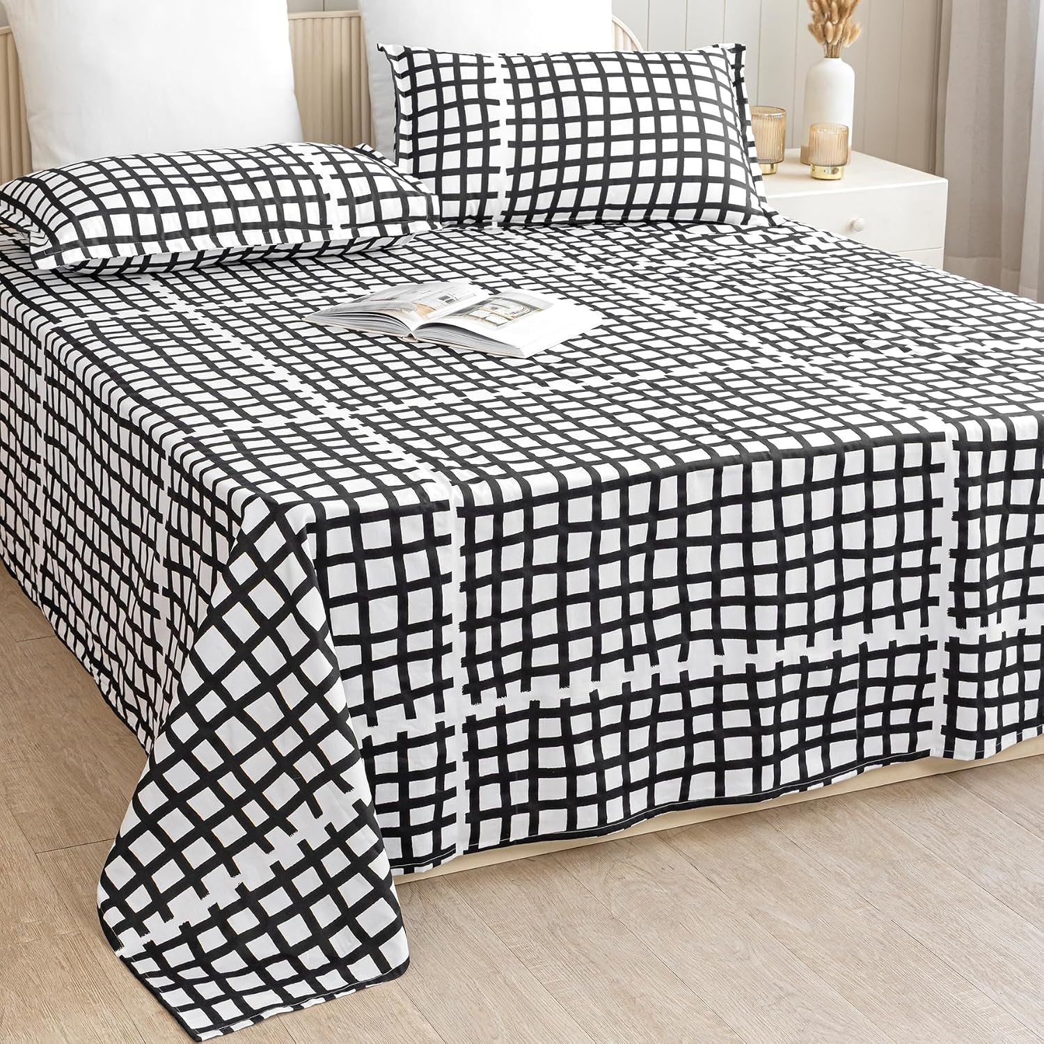 Double Size Bedsheet With Two Pillow Covers - 84 X 90 Inches, White & Black | Comfort Bedsheet For Double Bed | Perfect For Home Decor & Gifting