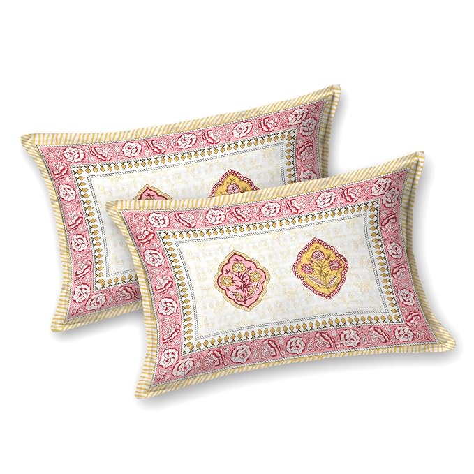 Hand Block Printed Cotton King Size Bedsheet With 2 Pillow Covers, 90 X 108 Inches, Yellow | Good For Villas, Guest Houses, & Daily Home Use