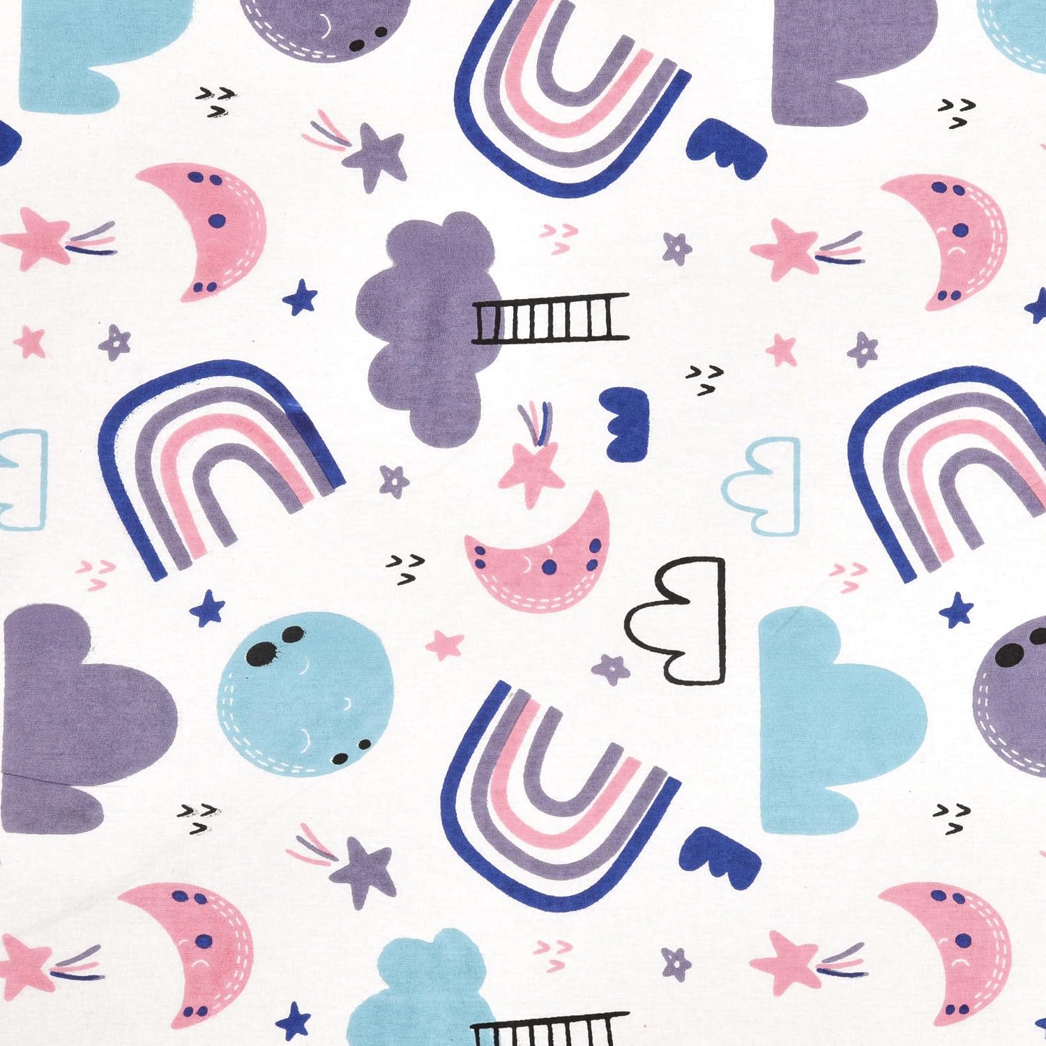Pure Cotton Kids Bedsheet Double Bed Queen Size With 2 Pillow Covers | 90 X 100 Inches, White & Lavender | Fun Cartoon Theme, Soft & Breathable Fabric