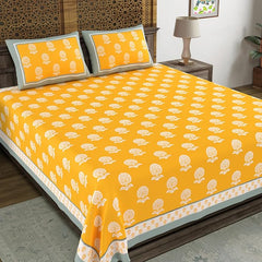 Hand Block Printed Cotton King Size Bedsheet With 2 Pillow Covers, 106 X 106 Inches, Yellow | 200 Thread Count-Good For Villas, Resorts, Guest Houses, & Daily Home Use