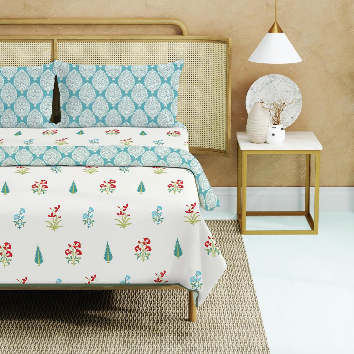 Bedding Set Blanket With 1 Cotton Double Bedsheet - 2 Pillow Covers | 88 X 100 Inches, White & Sky Blue - Breathable, Lightweight, Reversible, Skin Friendly, Wrinkle Resistant