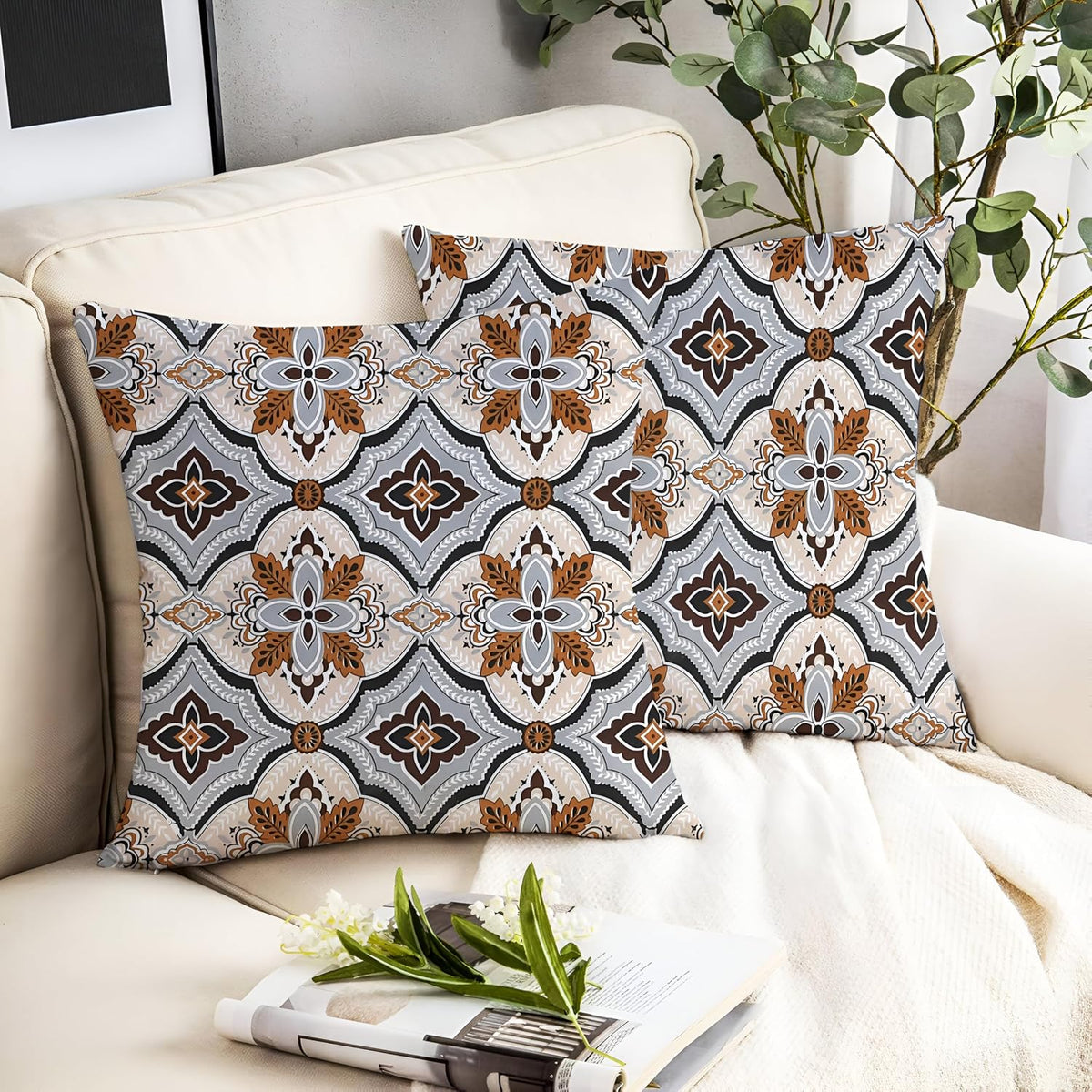 Microfiber Square Pillow Cushion For Sofa, Black & Brown, Grey - 16 X 16 Inch | Soft, For Comfort & Back Support | Breathable, Washable, Premium Cotton Cushion Cover, Neck Support - Set Of 2