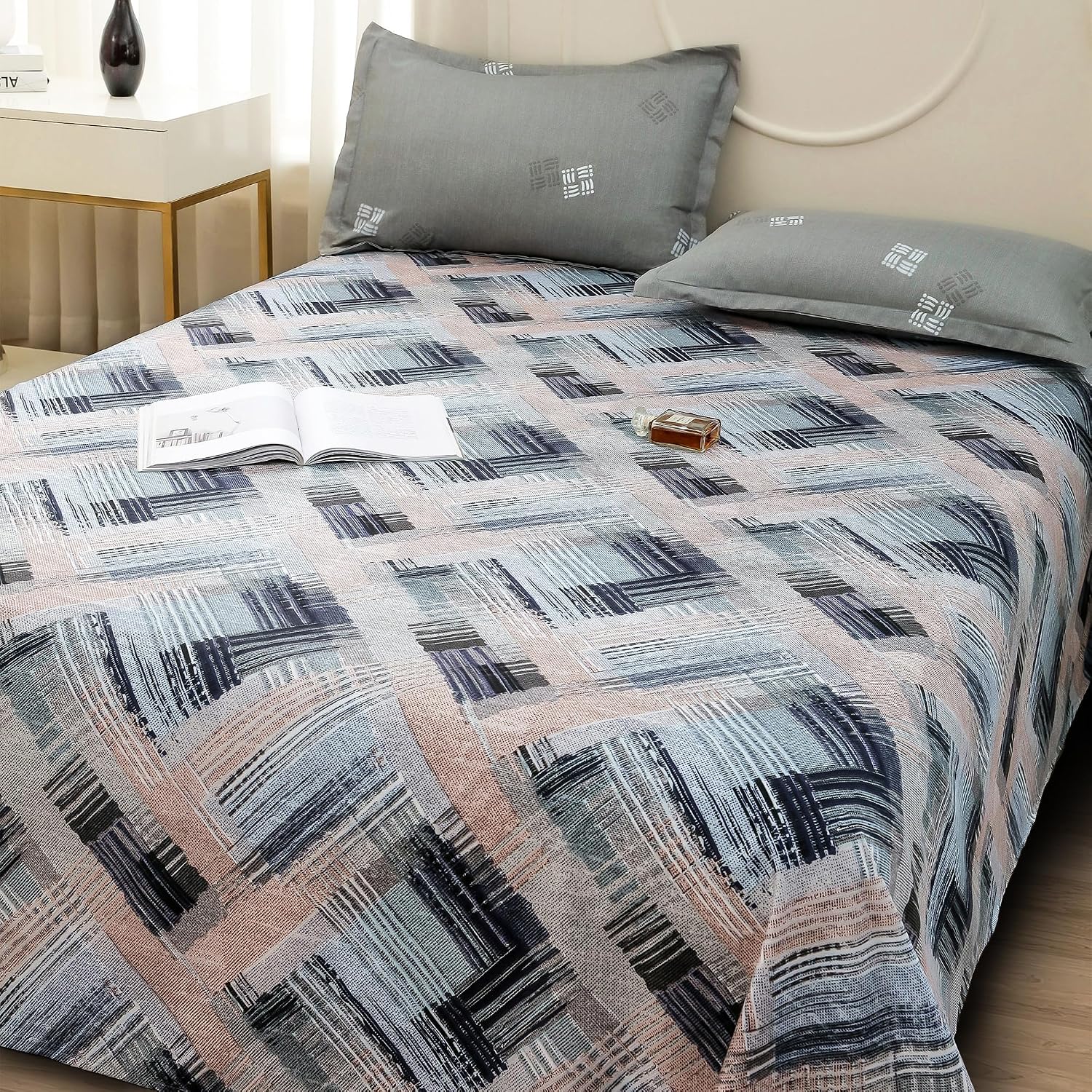 Bedsheets For Double Bed With 2 Pillow Cover - 92 X 98 Inches, Grey & Peach | Satin Finish Microfiber Queen Size Bedsheet | Skin Friendly & Breathable Fabric