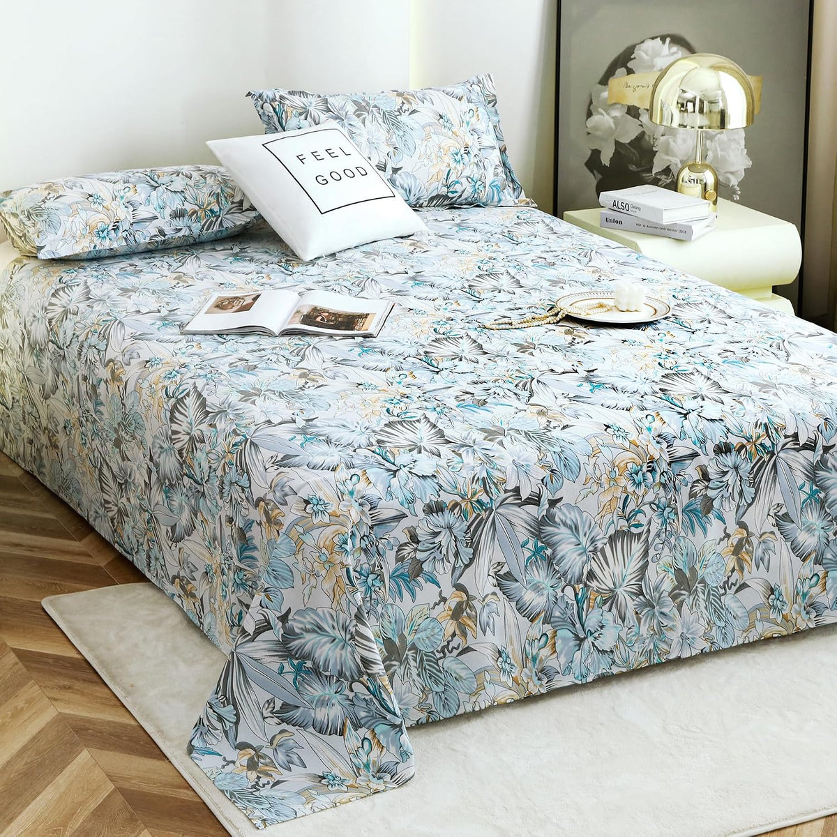 Bedsheet For Double Bed Cotton With 2 Pillow Covers, Grey & Blue - Queen Size 88 X 100 Inches | 190 Thread Count - Ideal For Festive Occasions