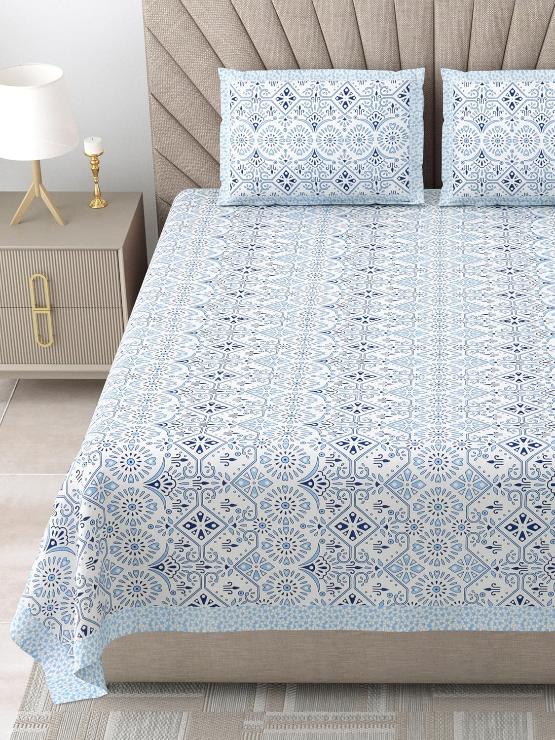 1 Queen Size Bedsheet For Double Bed With 2 Pillow Covers (90 X 108 Inches) Blue & White | Premium Cotton Material - Ideal For House, Hotel, Guest House
