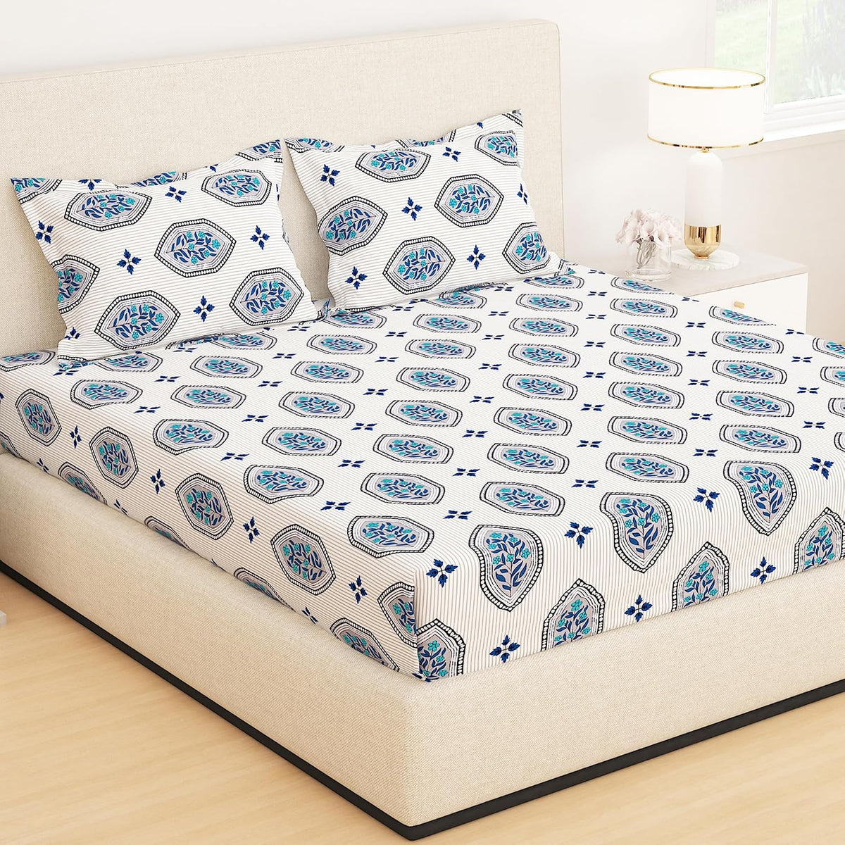 All Around Elastic Fitted Bedsheet With 2 Matching Pillow Covers - 60 X 72 Inches, Cream & Blue | Long Lasting Use & Everyday Luxury | Ideal For All Seasons