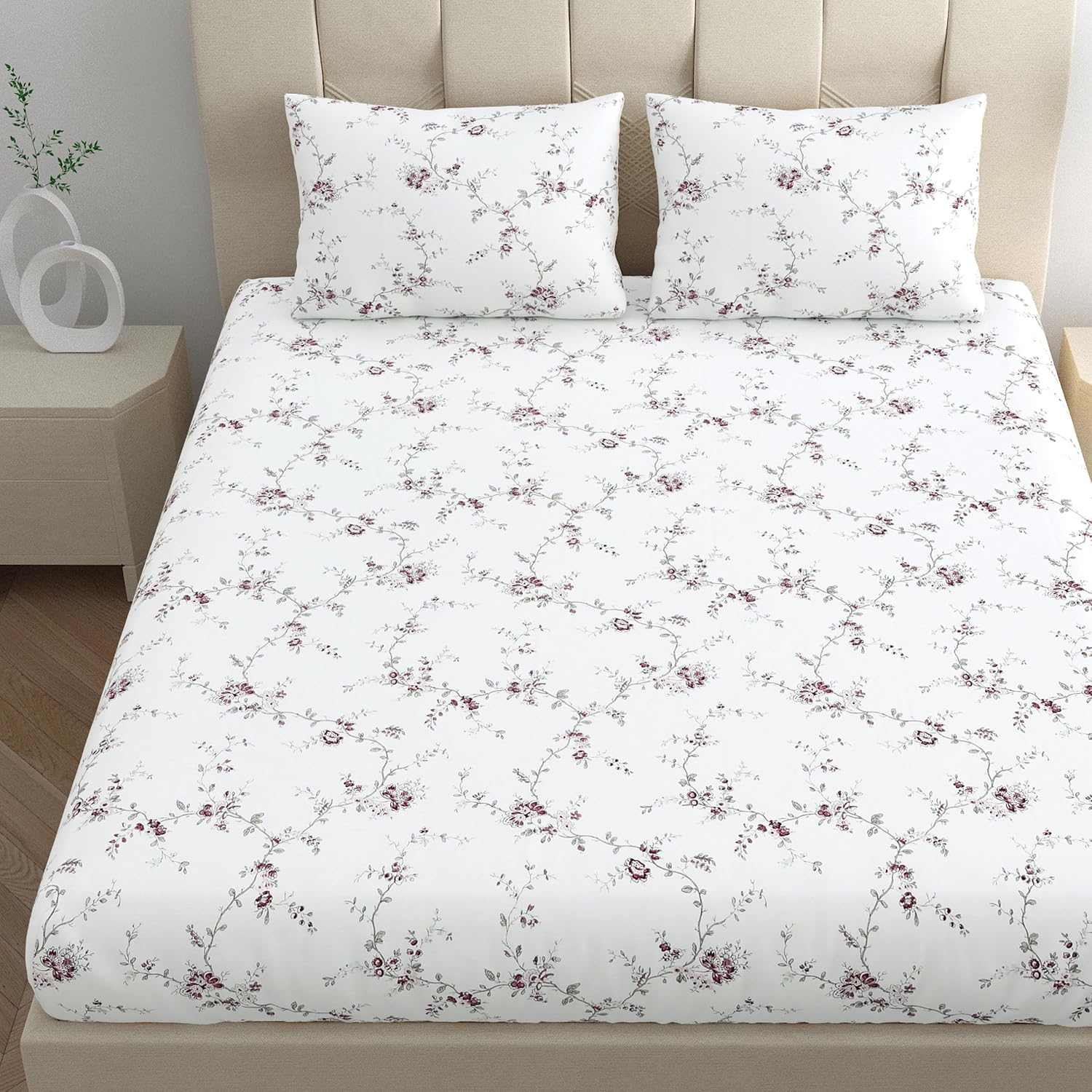 Printed All Around Elastic Bedsheet With 2 Pillow Covers - 72 X 78 Inches, White & Vineyard | Wrinkles For A Polished Look | Soft Hotel Quality Bottom Solid Bedsheets
