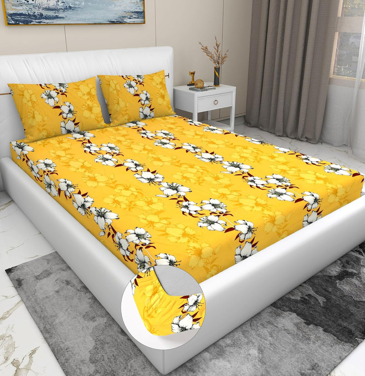 Luxurious Glace Cotton Super Soft Bedsheets King Size Bed (72 X 78 X 8 Inch) With 2 Pillow Cover | All Around Elastic Fitted Bedsheets, Yellow & White
