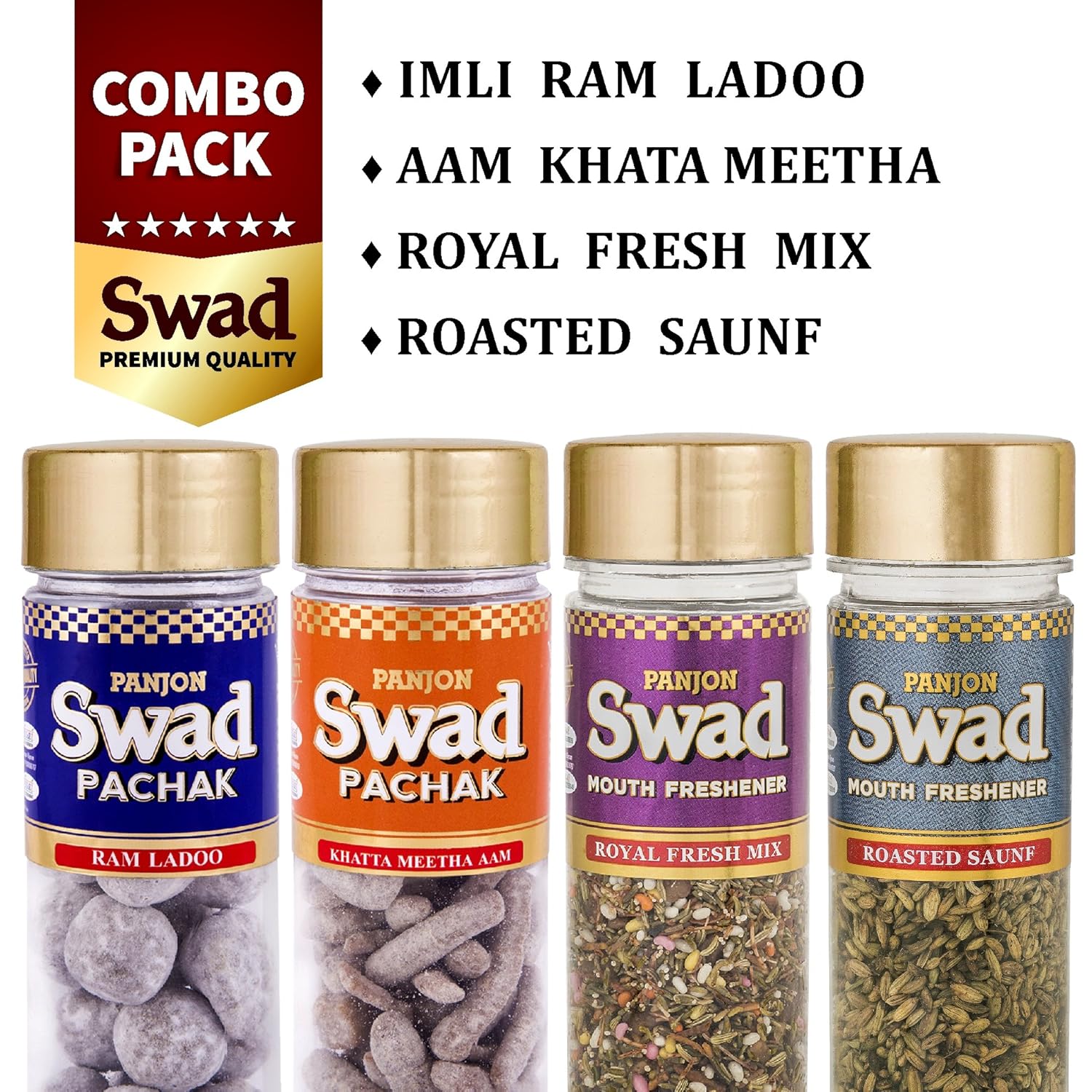 Panjon Swad Mukhwas Roasted Saunf, Imli Ram Ladoo, Royal Fresh Mix, Khatta Meetha Aam Papad 440gm, (110gm *4 Bottles)