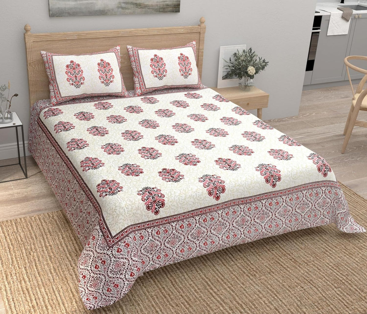 100% Cotton Jaipuri Bedsheet For King Size (90 X 103 Inches, Cream & Pink) With 2 Pillow Covers | Perfect For Everyday Use, Guest Rooms, Or Gifting On Special Occasions